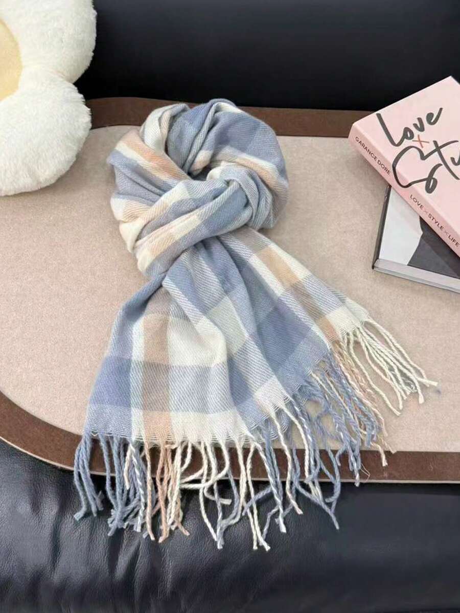 女士格子围巾，带流苏，秋冬季百搭披肩 - 日系格子藍 - 查看 1