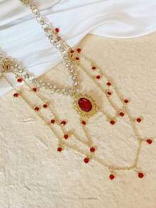 1pc Vintage Fashion Crystal Butterfly Tassel Layered Necklace For Women - Red - View 3