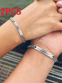 2pcs Personalized Fashionable Metal "Forever" Engraved Couple Bracelet, Flat Oval Chain, Punk Style Valentine's Day Anniversary Gift, Couple Matching Wristband - Always & Forever - View 10