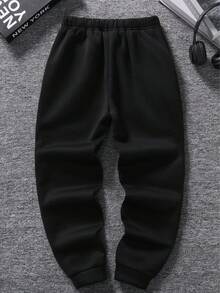 1条装男童街头风格印花图案保暖黑色慢跑裤，秋冬 - 黑色 - 查看 2