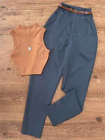 Conjunto de chaleco y pantalones de unicolor, de estilo casual con botones falsos, apropiado para oficina y jardín, de cuello alto, para primavera/verano