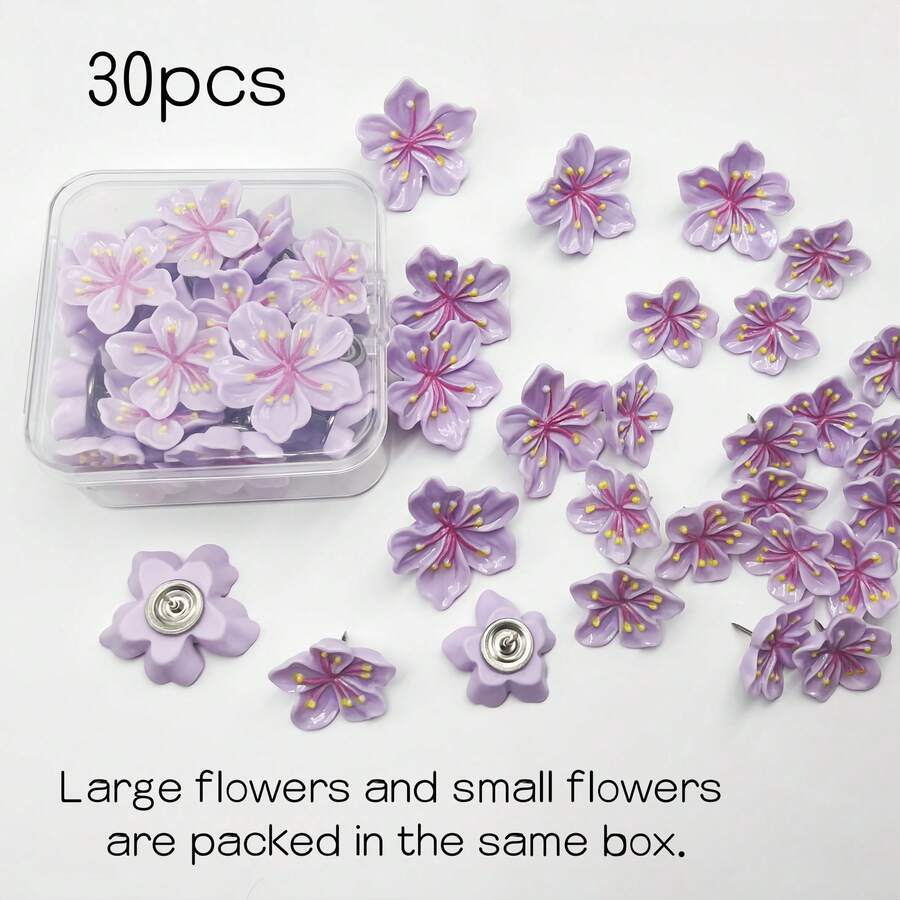 10pcs/20pcs/30pcs Pink & Purple Floral Shaped Pushpins, Cute Cartoon Resin Peach Blossom Decorative 3D Thumbtacks For Cork Board, Photo Decoration, Photo Wall, Map And School Supplies Decoration, Holiday Decor Materials