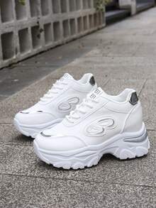 Plus Size Women's 35-42 Spring/Autumn New Chunky Sneakers, Mesh Breathable Platform High-Top Casual Shoes, Lightweight Versatile Fashion Sneakers, Lace-Up, White, Gold, Silver, Green, Casual Running Shoes