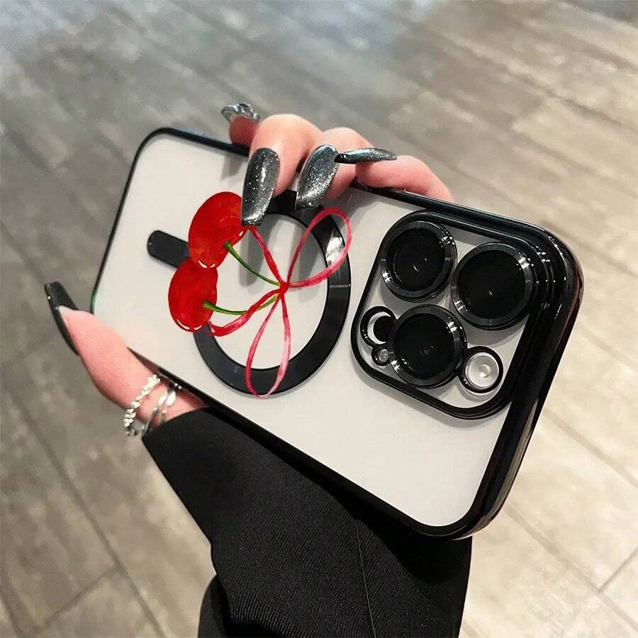 Teléfono rojo con grandes cerezas, lente integral, acabado electrochapado magnético, compatible con carga inalámbrica magnética y compatible con phone 16 Pro Max, 16, 15 Pro, 14, 14 Plus/14 Pro Max, 13, 13 Pro, 12 Pro, 11/11 Pro y la serie Pro. Es un excelente teléfono para amigos, cumpleaños y festividades. - Negro - Ver 1