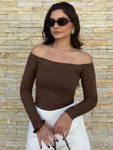 Women's Off-The-Shoulder Blouse Long Sleeve Casual Charming Elegant Evening Party Prom Formal - 鏽棕色 - 查看 1