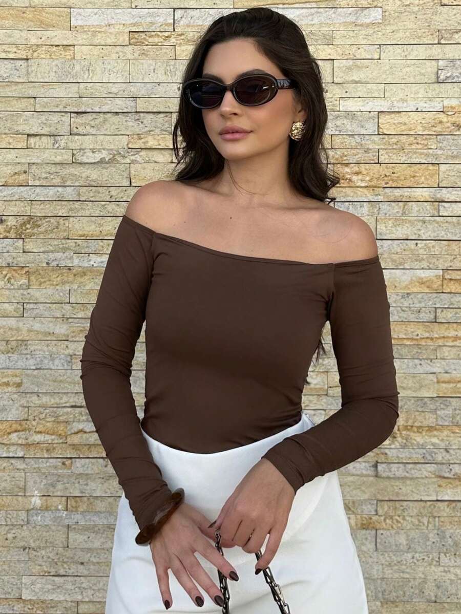 Women's Off-The-Shoulder Blouse Long Sleeve Casual Charming Elegant Evening Party Prom Formal - 鏽棕色 - 查看 1