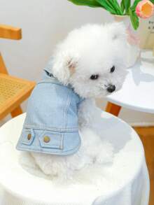 PETCIRCLE 1件寵物衣服小狗幼犬可愛寵物戶外翻領設計附牽繩扣環經典外套 - 素色 - 藍色 - 查看 2