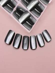 120pcs/Box Black Cat-Eye Glossy Press-On Nails,12Sizes Black Moonlight Cat Eye Square Minimalist Fashion Press-On Fake Nails,Suitable For Daily, Business, Party, Halloween, Birthday Outfit, Reusable Nail Supplies Nails