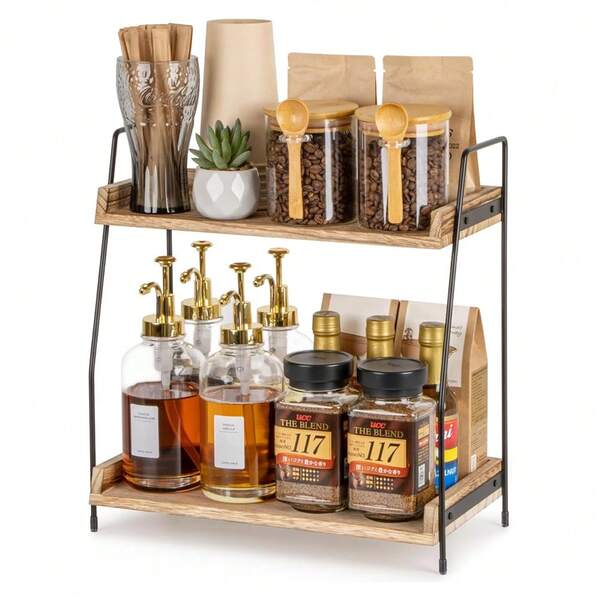 Coffee Station Organizer Cabinet, Coffee Bar Accessories Organizer For Kitchen Countertop Shelf 2 Tier