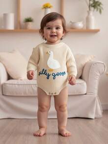 Newborn Infant Cute Goose Letter Embroidery  Romper Jumpsuit Baby Knitted Sweater Long Sleeve Round Neck Rompers Newborn Girl Boy Goose Funny Romper Reveal Pregnancy Announcement Clothes - 米色 - 查看 2