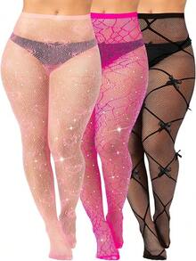 3 Pair Plus Size Fishnets Stockings Glitter Sparkly Tights High Waist Black Fishnet Pantyhose Women, Style NJXP - Đen, hồng, hồng - Xem 12