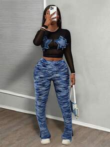 Bộ đồ 2 món Y2K Casual Streetwear gợi cảm áo crop top lưới đen có miếng vá hình ngôi sao và quần ống loe kẻ sọc ombre xanh - Nhiều màu - Xem 3