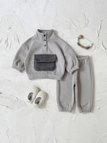 2件套男婴保暖加厚长袖圆领卫衣长裤套装，适合秋冬季穿着 - 深灰色 - 查看 6