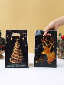 10/25/50个装黑色金色圣诞礼品袋，驯鹿和圣诞树图案塑料手提袋，圣诞派对用品，圣诞快乐装饰袋，圣诞庆祝小礼品袋，圣诞户外装饰，2026新年装饰，圣诞礼物，派对小礼品 - 黑色金色聖誕 - 查看 4