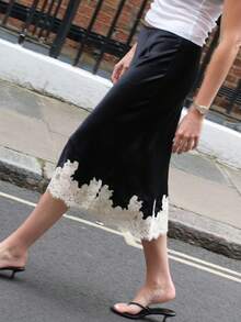 Lace Satin Maxi Skirts For Women Casual Elegant Fall A Line Elastic Waist High Rise Silk Midi Skirt With Lace Patchwork Y2k Aesthetic Going Out Skirt Party Club Streetwear - 黑色 - 查看 5