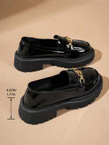 Damen Multifunktionale Lässig Schleife Dekor Metall Kette Dekor Loafer Flache Schuhe, Spiegelmaterial, Retro Elegant Britischer Stil, Komfortable und weiche Oxford Schuhe, Schwarz, Weiß, Braun Glanz, Neuer Stil Frühling/Sommer Herbst/Winter 2025 - Schwarz - Übersicht 4