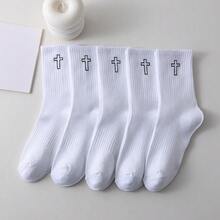 1 Pair Of Women's Black And White Simple Cross Pattern Socks For Spring And Autumn