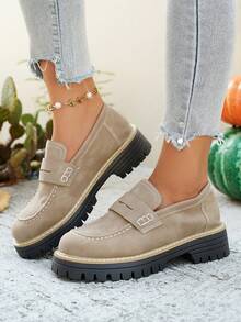 Giày lười đế dày dáng rộng mũi tròn mới mùa Xuân/Hè, giày casual du lịch ngoài trời, kiểu dáng thoải mái, phổ biến, giày cỡ lớn dành cho sinh viên. Vui lòng đặt size lớn hơn 0.5 size dựa trên chiều dài chân thực tế. - Màu Khaki - Xem 3