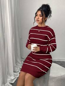 Plus Size Casual Color Block Striped Ribbed Crew Neck Sweater Dress, Autumn/Winter - Red - View 6