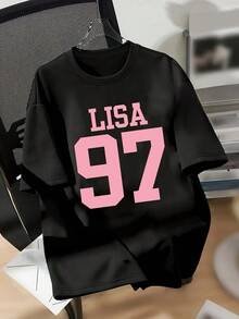 [Sporty T-Shirt]Women'S Y2K-Inspired "LISA 97" Graphic Tee - Casual Summer Short Sleeve T-Shirt With Drop Shoulder Design, White With Pink Print, Lightweight & Breathable For Casual Attire, Ladies T ShirtsRelaxed Plus Size T-Shirt - màu đen - Xem 6