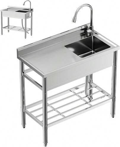 Belect Stainless Steel Utility Sink, Free Standing Single Bowl Sink With Cold And Hot Water Pipe, Commercial Kitchen Utility Sinks For A Laundry Room, Bathroom, Kitchen, Indoor & Outdoor