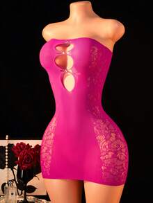 1 Peça Vestido Mini Transparente Sexy Feminino com Ombros Vazados, Brilho e Strass, Camisola Sexy Sem Alças, Adequado para Festa, Noite e Saída - Rosa chiclete - Visão 5