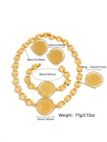 1 Set de joyería de moneda redonda de aleación de cobre chapada en oro vintage, que incluye collar, anillo, aretes, pulsera, estilo turco/saudí de 4 piezas