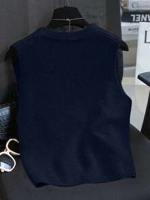 1 件纯白色针织纽扣 V 领无袖夏季开衫毛衣背心 - 藏蓝色 - 查看 2