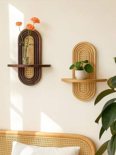 1pc Boho Style Rattan Wall Hanging Rack - Vintage Minimalist Home Decor, Wooden Wall-Mounted Plant Holder, Suitable For Small Potted Plants, Can Be Used As Floating Display Shelf, Applicable For Living Room, Bedroom, Dining Room, Bathroom, Office And Other Spaces To Create A Beautiful Artistic Wall Decoration