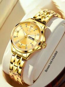 Bộ 2 đồng hồ cặp đôi công sở thường ngày, dây đeo kim loại, mặt số hiển thị lịch kép, đồng hồ đeo tay thạch anh đính pha lê, quà tặng ngày lễ tình nhân - Vàng - Xem 3