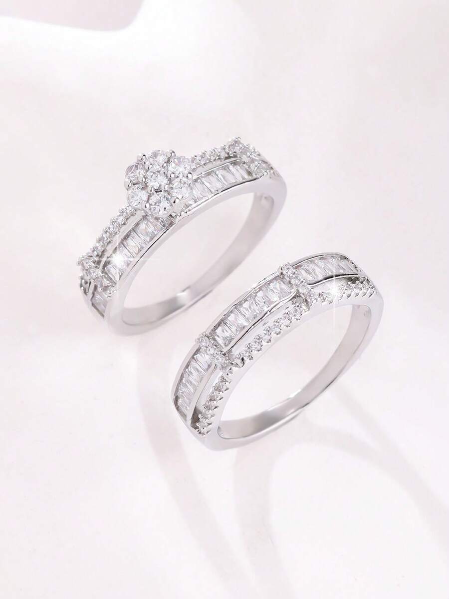 2 piezas Juego de anillos de moda de lujo para mujer, incrustados con circonita cúbica blanca sintética brillante, diseño multielemental, joyería fina para bodas y compromisos de mujer, accesorios elegantes para fiestas y bodas, regalo romántico