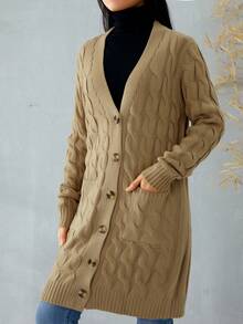 Female Cardigan, Solid Color Long Sleeve Sweater Knitted Coat With Pockets For Spring Fall, S/M/L - 卡其色 - 查看 4