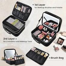 Makeup Bag With LED Lighted Mirror 12.2 IN Travel Double Layer Makeup Case Adjustable Brightness In 3 Colors Cosmetic Organizer Artist Storage With Dividers Brush Holder Vanity Black Checkerboard - BlackCheckerboard - Xem 2