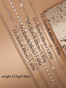 Nooxian 5 件/套女士手链套装，时尚休闲混合风格银串珠链和压花链多层堆叠手链，珠宝礼物（链环数量随机） - 銀色 - 查看 7