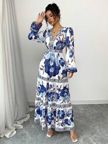 Women's Maxi Dress With A Floral Print, A-Line Silhouette Fitted At The Waist, And Puff Sleeves. This Dress Is Elegant And Romantic, Perfect For Dates, Vacations, Holidays, And Other Occasions. - 藍色 - 查看 5