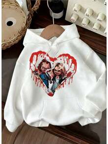 Sudadera hoodie dama mujer curvy tallas extra plus size capucha cordón manga larga bolsa canguro suave puños rib acanalados casual aesthetic casa diario frío moderna juvenil cómoda calientita estampado halloween día de muertos brujas  corazón - Blanco - Ver 1