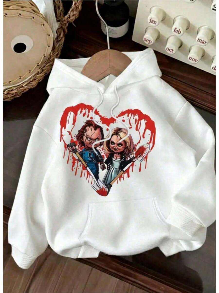 Sudadera hoodie dama mujer curvy tallas extra plus size capucha cordón manga larga bolsa canguro suave puños rib acanalados casual aesthetic casa diario frío moderna juvenil cómoda calientita estampado halloween día de muertos brujas  corazón - Blanco - Ver 1