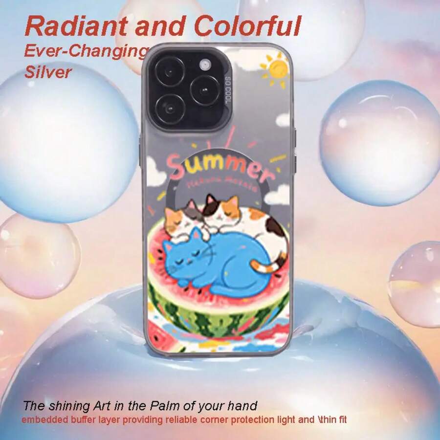 Funda para teléfono con placa trasera láser personalizada y colorida, marco contrastante, diseño estético y tacto cómodo, fuerza magnética de 2000, con un bonito estampado de sandía. - Negro - Ver 1