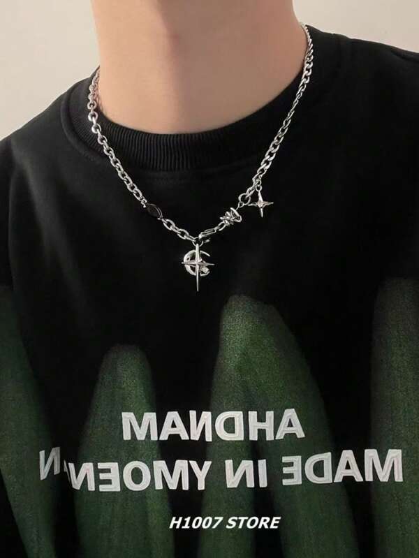 1 Piece - A Niche Design High-End Collar Chain, Titanium Steel Black Gemstone Pentagram Hip-Hop Street Necklace, Cross-Shaped, Suitable For Both Men And Women For Daily Wear, Parties, And As Gifts.