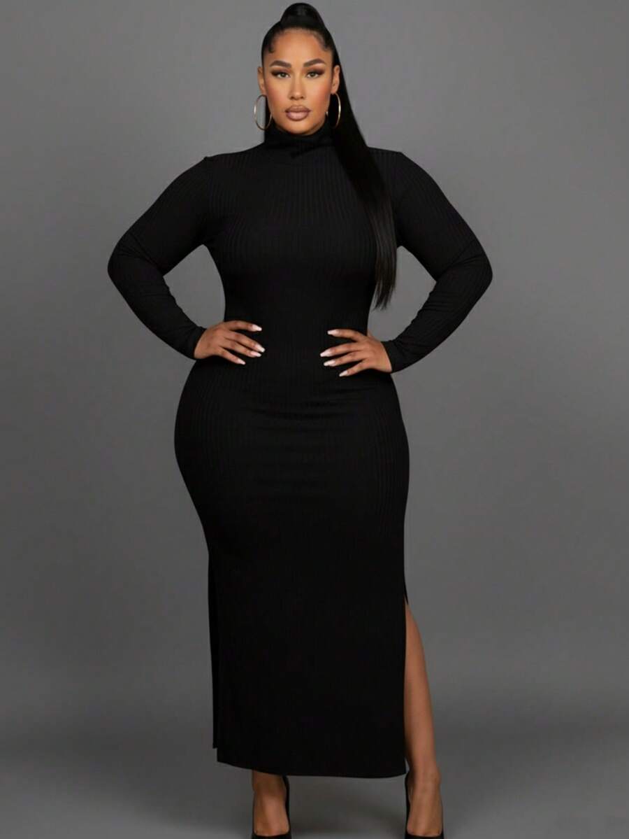 Elegant Plus Size Black Rib Knit Maxi Dress With High Neck And Long Sleeves, Fitted Style With Slit Hem For Party - Black - View 1