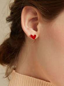1 Pair Heart Shaped Stud Earrings For Women – Cute And Comfortable Daily Wear Jewelry, Perfect Gift For Valentine's Day, Mom, Mother's Day, And Special Occasions - Đỏ - Xem 3
