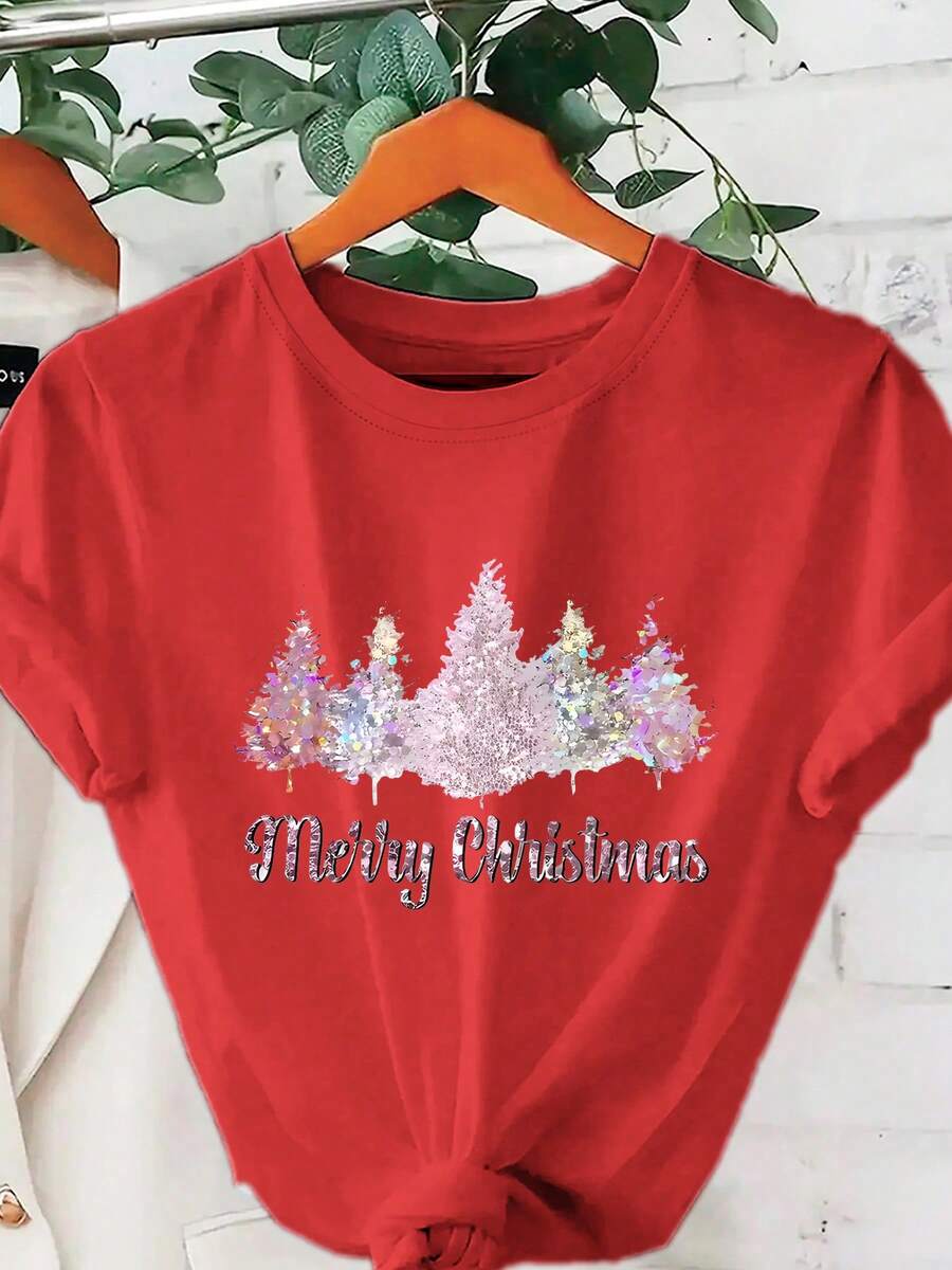 Women's Christmas Slogan Print Round Neck Short Sleeve Casual Milk Silk Regular T-Shirt - Red - View 1