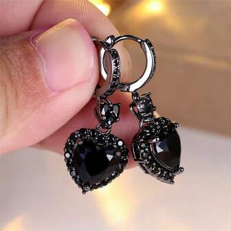 时尚女士小号黑色锆石心形环形耳环，复古风格珠宝，适合婚礼