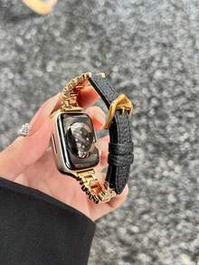 创意不对称水钻手链式皮表带，适用于38/40/41/42/44/45/46/49毫米表盘尺寸，兼容 Ultra/SE10/9/8/7/6/5/4/3/2/1系列表带