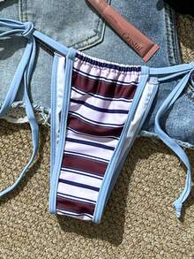 性感复古条纹比基尼套装 - 蓝色滚边三角上衣和高腰可调节泳裤 | 女士沙滩度假泳装 - 彩色 - 查看 7