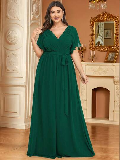 EVERPRETTY Elegant V-Neck Ruffle Petal Sleeve Floor-Length Green Wedding Guest Semi-Formal Dress, Spring/Summer