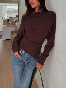 优雅时尚休闲不对称肩部针织毛衣，修身不对称套头衫，适合日常通勤 - 棕色 - 查看 3