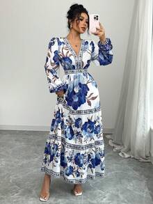 Women's Maxi Dress With A Floral Print, A-Line Silhouette Fitted At The Waist, And Puff Sleeves. This Dress Is Elegant And Romantic, Perfect For Dates, Vacations, Holidays, And Other Occasions. - 藍色 - 查看 3