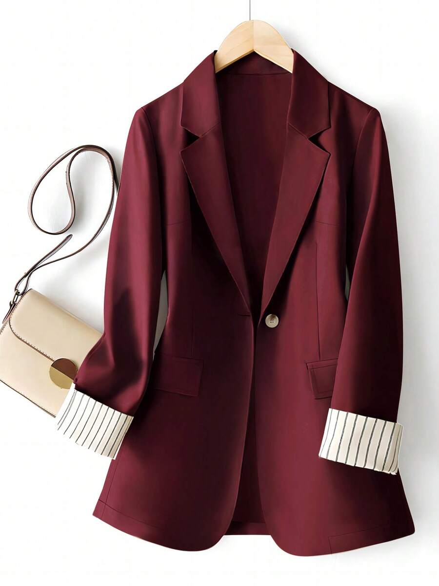 Plus Size Women Casual/Work Cuff Stripe Contrast Color Single Button Long Sleeve Blazer - Red - View 1