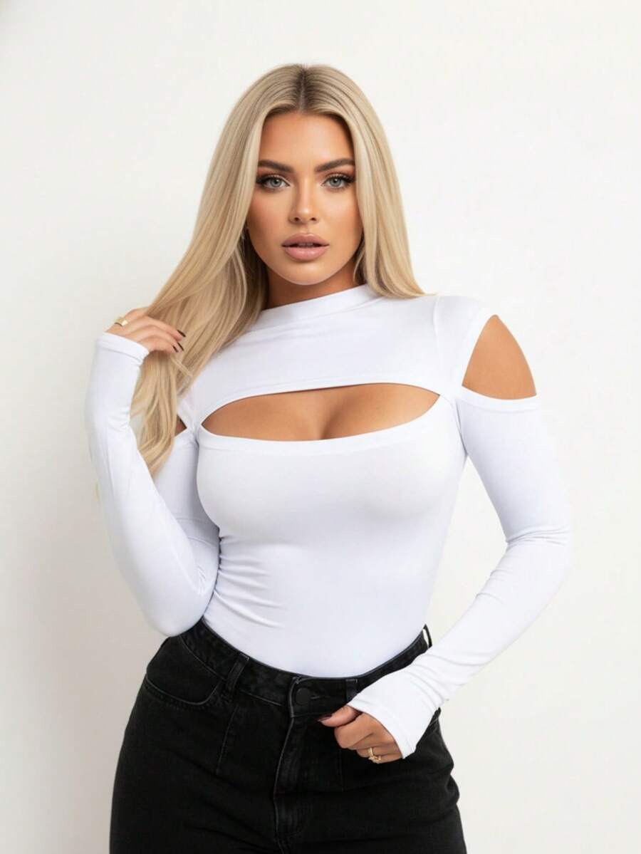 Bori Women's Bodysuit Long Sleeve Cutout Bust Hollow Out Sleeve High Neck Chic Timeless Leotard Second Skin - 白色 - 查看 1